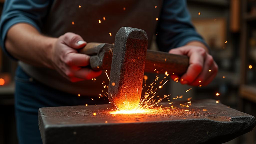 Artisan forgeant du métal avec des étincelles